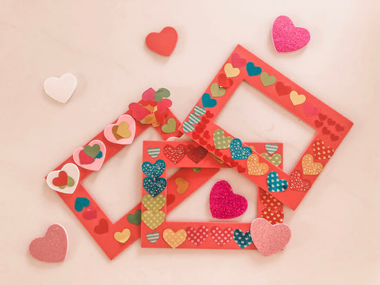 Foam picture frames with stickers in blue, red, green, etc. with polka dots and glitter to decorate your frames.